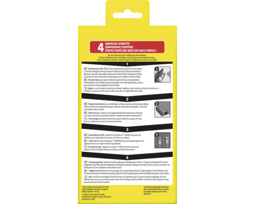 Achterkant van de verpakking van een muizenval met een handleiding in 4 eenvoudige stappen in het Duits, Nederlands en Frans.