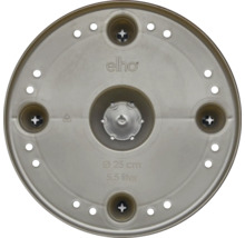 Onderkant van een elho kunststof bloempot met een diameter van 25 centimeter en een inhoud van 5,5 liter, voorzien van afwateringsgaten.