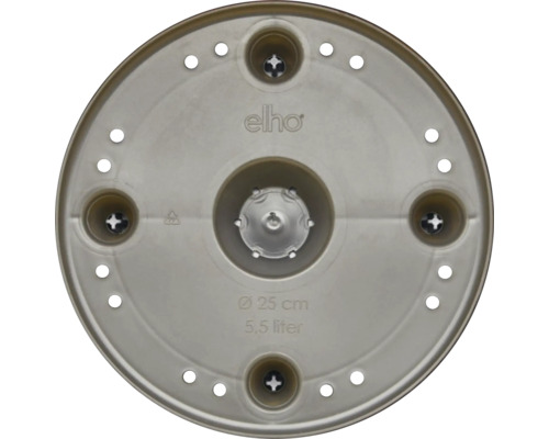 Onderkant van een elho kunststof bloempot met een diameter van 25 centimeter en een inhoud van 5,5 liter, voorzien van afwateringsgaten.