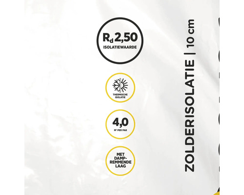 Zolderisolatie 10 centimeter, Rd-waarde 2,50, thermische isolatie, 4,0 vierkante meter per pak, met dampremmende laag.