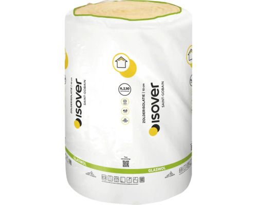 ISOVER glaswol voor zolderisolatie, 10 centimeter dik, met dampremmende laag, Rd-waarde 2,50 en Saint-Gobain Logo.