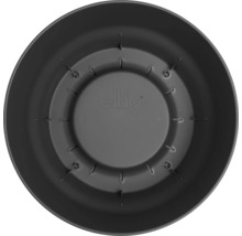 Bovenaanzicht van de binnenkant van een ronde elho kunststof bloempot met drainagegaten en elho Logo.