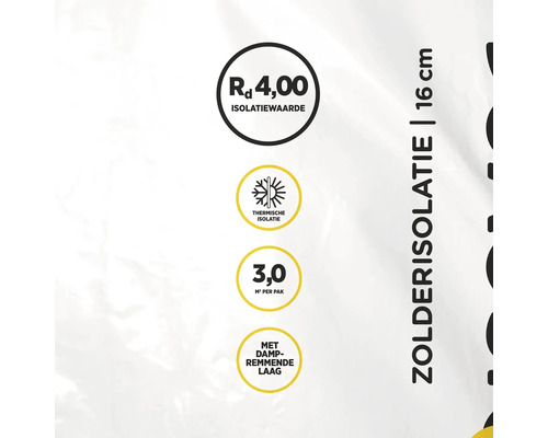 Technische specificaties voor zolderisolatie: RD-waarde 4,00, thermische isolatie, 3,0 vierkante meter per pak, met dampremmende laag, 16 centimeter dik.