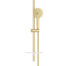 GROHE doucheset in goudlook bestaande uit een glijstang, een ronde handdouche en een planchet.