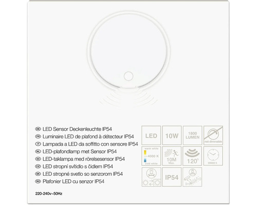 LED-plafondlamp met sensor IP54, 10 Watt, 1800 Lumen, 4000 Kelvin, sensorbereik 10 meter, detectiehoek 120 graden, niet dimbaar.