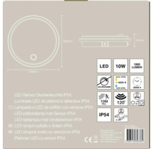 LED-plafondlamp met sensor IP54, 250 millimeter diameter, 10 watt, 1800 lumen, 4000 kelvin, detectiehoek 120 graden, bereik 10 meter.