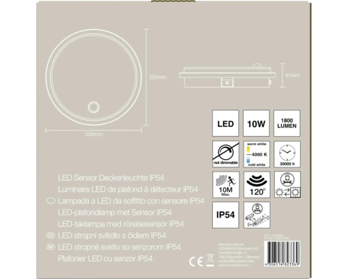 LED-plafondlamp met sensor IP54, 250 millimeter diameter, 10 watt, 1800 lumen, 4000 kelvin, detectiehoek 120 graden, bereik 10 meter.