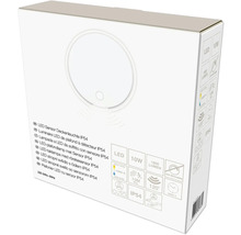 Verpakking van een witte ronde LED-plafondlamp met sensor IP54, 10 Watt, 1800 lumen, 4000 Kelvin, niet dimbaar, 120 graden detectiehoek.