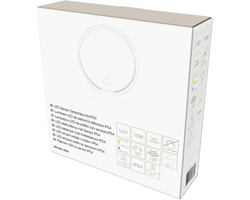 Verpakking van een witte ronde LED-plafondlamp met sensor IP54, 10 Watt, 1800 lumen, 4000 Kelvin, niet dimbaar, 120 graden detectiehoek.