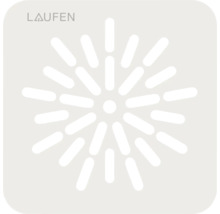 Laufen Logo op een vierkante afvoerafdekking met een radiaal patroon van langwerpige perforaties.