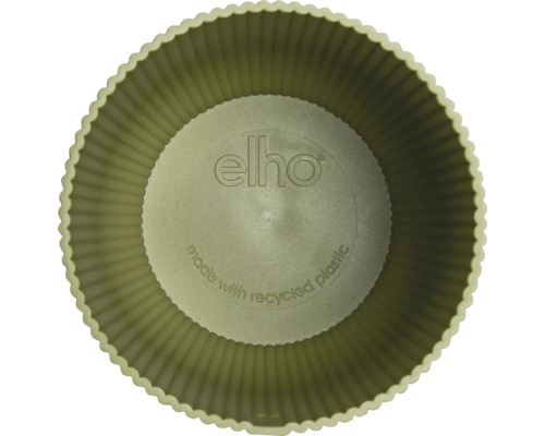 Bovenaanzicht van een ronde elho bloempot van gerecycled kunststof met een geribbelde binnenkant en elho Logo.