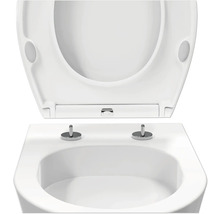 Witte toiletzitting met quick-release functie en verchroomde bevestigingspennen op een witte toiletpot.