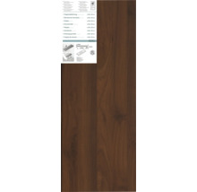 Overzettrede van laminaat in donker houtdecor, 100 bij 30 centimeter, PEFC-gecertificeerd, 15 jaar garantie, Pertura Logo.