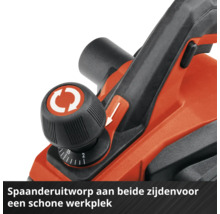 Detail van een elektrische schaafmachine met instelknop voor schaafdiepte en schakelaar voor spaanderuitworp aan beide zijden.