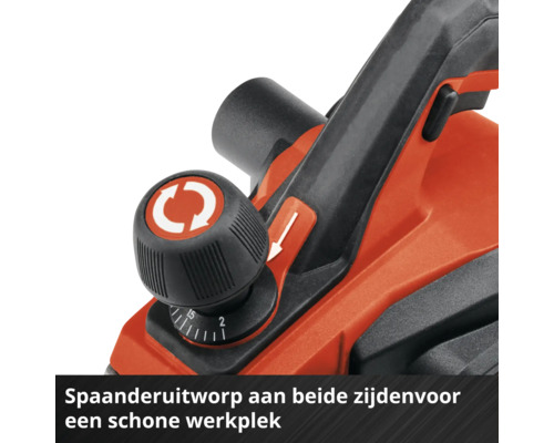 Detail van een elektrische schaafmachine met instelknop voor schaafdiepte en schakelaar voor spaanderuitworp aan beide zijden.