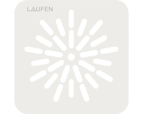 Laufen Logo en vierkante afvoerplaat met straalvormig gerangschikte sleuven.