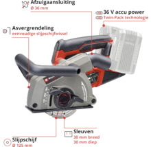 Einhell accu muurfrees 36 Volt, Twin-Pack, 125 millimeter slijpschijf, 36 millimeter afzuigaansluiting, voor sleuven tot 30 millimeter.