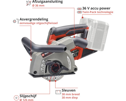 Einhell accu muurfrees 36 Volt, Twin-Pack, 125 millimeter slijpschijf, 36 millimeter afzuigaansluiting, voor sleuven tot 30 millimeter.