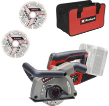 Einhell accu-muurfrees met koolborstelloze motor, twee diamantdoorslijpschijven en een opbergtas.