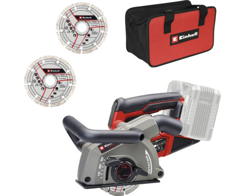 Einhell accu-muurfrees met koolborstelloze motor, twee diamantdoorslijpschijven en een opbergtas.