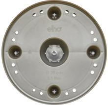 Onderaanzicht van een ronde elho schotel van kunststof met een diameter van 25 centimeter, 5,5 liter volume en drainagegaten.