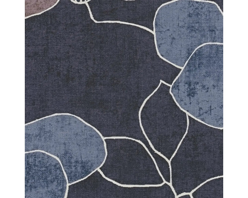 Vliesbehang met abstract bloemenpatroon in blauw met witte contouren en een fijne textielstructuur.