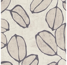 Behang met groot bladmotief in linnenlook en donkere contouren.