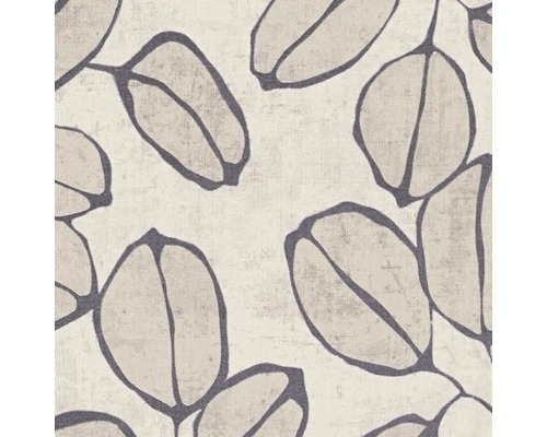 Behang met groot bladmotief in linnenlook en donkere contouren.