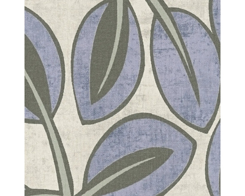 Vliesbehang met blauw-grijs bladerenmotief en voelbare textielstructuur.