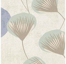 Behang met abstract floraal patroon in blauw, groen en beige op een gestructureerd oppervlak.