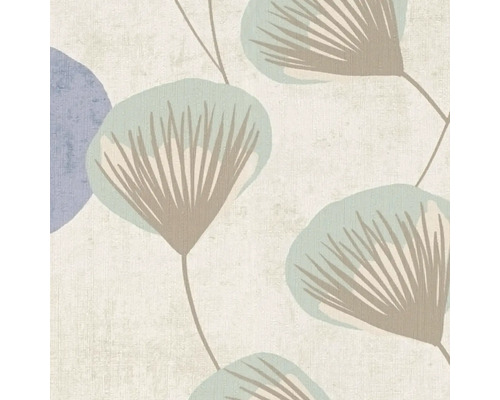 Behang met abstract floraal patroon in blauw, groen en beige op een gestructureerd oppervlak.