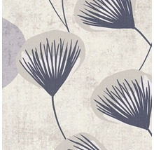 Behang met waaiervormige florale motieven in grijs en violet op een gestructureerd oppervlak.