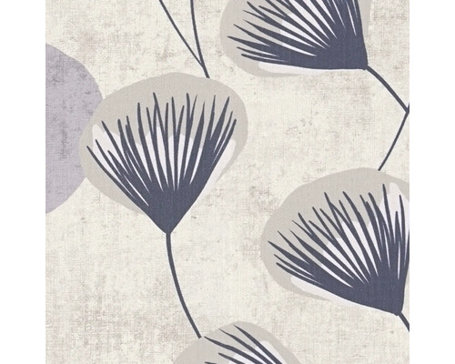 Behang met waaiervormige florale motieven in grijs en violet op een gestructureerd oppervlak.