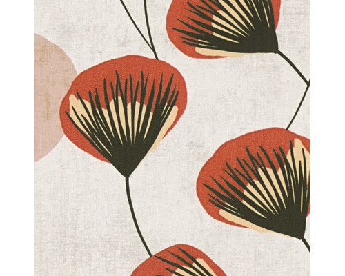 Vliesbehang met abstract bloemenpatroon van gestileerde bloemen op een gestructureerde achtergrond.