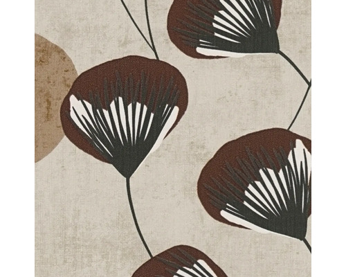 Vliesbehang met gestileerd bloemmotief in bruin, zwart en wit op een beige achtergrond met linnenstructuur.