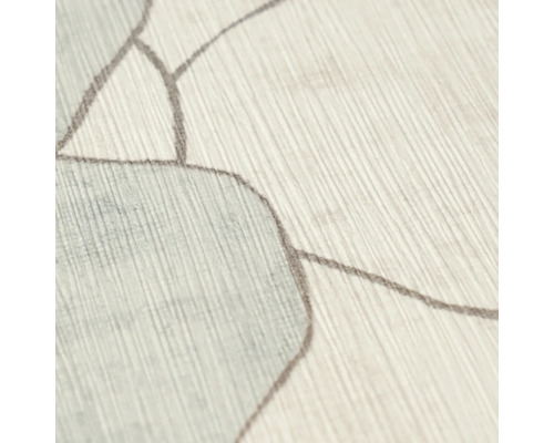 Detail van behang met een fijne linnenstructuur en donkere abstracte contouren.