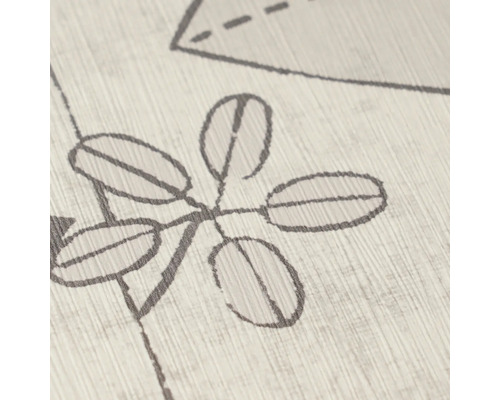 Detailopname van een gestructureerd oppervlak met een gestileerd bladpatroon en lijntekening.