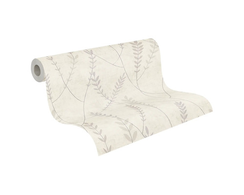 Vliesbehang met bladmotief en ranken in beige en grijs