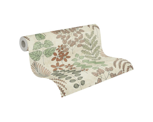 Behang met botanisch bladerenpatroon in verschillende vormen, gedeeltelijk uitgerolde rol behang voor wandafwerking.