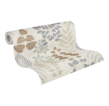 Vliesbehang met verschillende bladmotieven in blauw, bruin en grijs.