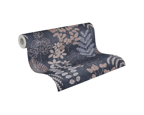 Vliesbehang met botanisch bladerpatroon.