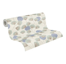 Vliesbehang met een botanisch patroon van waaiervormige bladeren en cirkels in blauw en beige.