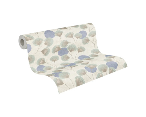 Vliesbehang met een botanisch patroon van waaiervormige bladeren en cirkels in blauw en beige.
