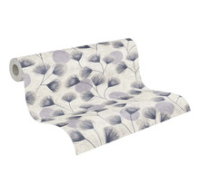 Vliesbehang met waaiervormig bladerpatroon in blauw en grijs