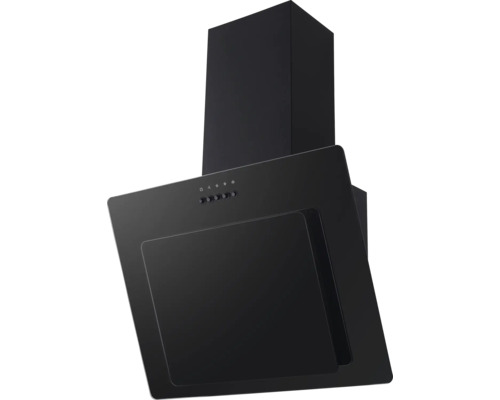 Zwarte wandafzuigkap in schuin ontwerp met schacht en drukknopbediening.