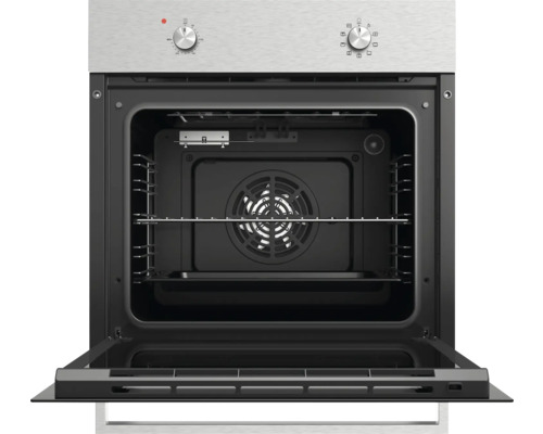 Inbouwoven met geopende deur, roestvrijstalen bedieningspaneel, zwart interieur, ovenrooster en heteluchtventilator.
