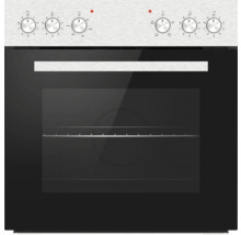 Inbouwoven met roestvrijstalen bedieningspaneel, zes draaiknoppen en zwart glazen front.