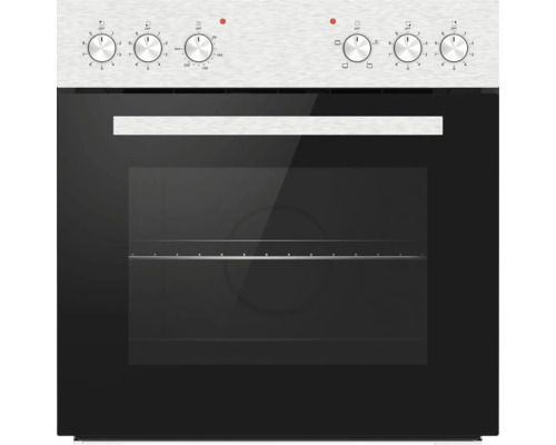 Inbouwoven met roestvrijstalen bedieningspaneel, zes draaiknoppen en zwart glazen front.