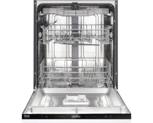 Open PKM inbouw vaatwasser met drie metalen korven en digitaal bedieningspaneel aan de bovenkant van de deur.