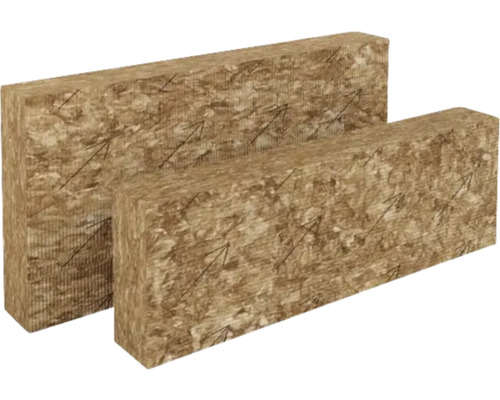 Twee minerale wol isolatieplaten voor warmte- en geluidsisolatie met pijlmarkeringen voor de legrichting.